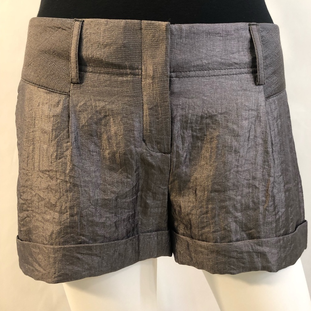 Metallic Lame Pleat Front Cuffed Shorts, Size 0